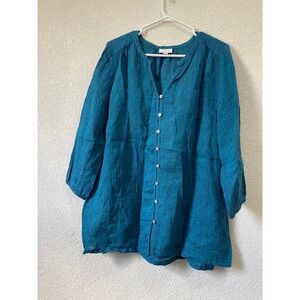 Pure Jill Linen Teal V Neck Button Front Tunic‎ Shirt Top Women's M